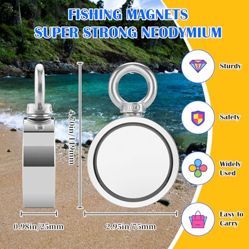 VNDUEEY 1000LBS Magnet Fishing Kit, 2.95" Double Sided Neodymium Fishing Magnet Kit with Rope, Strong Magnets for Retrieving in River Lake Beach and Lawn, Includes 65Ft Rope, Carabiner, Gloves - size: 2.95" 1000LBS, style: Double Sided Kit
