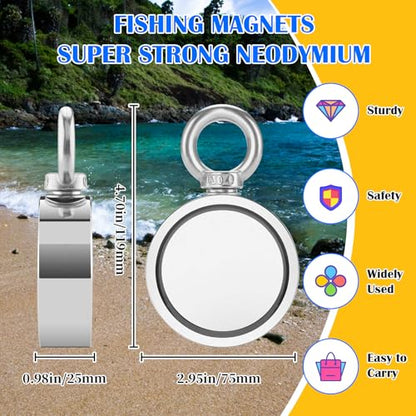 VNDUEEY 1000LBS Magnet Fishing Kit, 2.95" Double Sided Neodymium Fishing Magnet Kit with Rope, Strong Magnets for Retrieving in River Lake Beach and Lawn, Includes 65Ft Rope, Carabiner, Gloves - size: 2.95" 1000LBS, style: Double Sided Kit