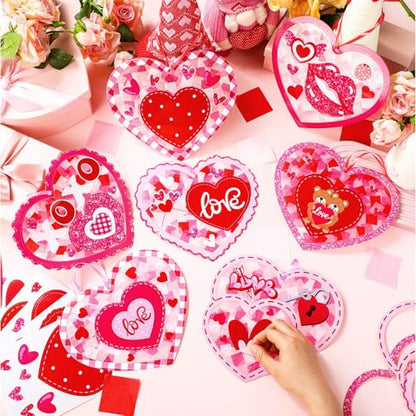 DoubleFill 48 Pcs Valentine's Day Heart Suncatchers Craft Kits DIY Heart Stained Glass Effect Tissue Paper Kits Bulk for Valentine Window Decor Ornament Party Art Favors - style: Valentines Heart