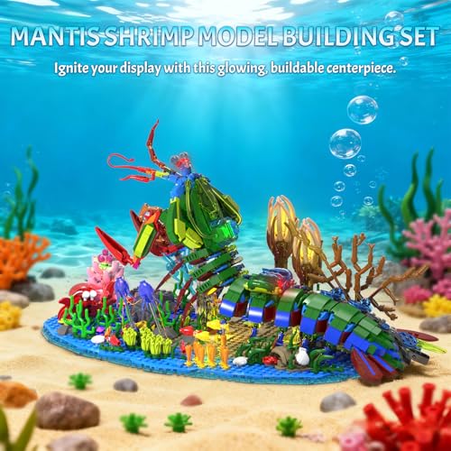 Mechanical Mantis Shrimp Building Block Sets, 1843 Pcs Sea Creatures Building Toys with Miniature Undersea Landscape & Led Light, 18.11x9.45x9.84in DIY Model Kit for Adults Teens 14+