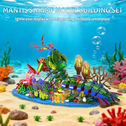 Mechanical Mantis Shrimp Building Block Sets, 1843 Pcs Sea Creatures Building Toys with Miniature Undersea Landscape & Led Light, 18.11x9.45x9.84in DIY Model Kit for Adults Teens 14+