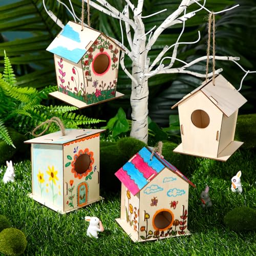 DoubleFill 12 Pcs Bulk Wooden Bird Houses Kits for Kids Mini Bird House for Craft DIY Unfinished Wood Birdhouse to Paint, Build for Children Wooden Arts Classroom Activity, 3 Styles
