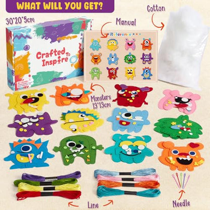 TUZT My First Sewing Kit for Kids - Monster Sewing Craft Kit for Beginners with 12 Pre-Cut Monster Plush Toys, Scissor, Plastic Needles & Thread, DIY Felt Crafts Project for Girls & Boys Ages 6-12