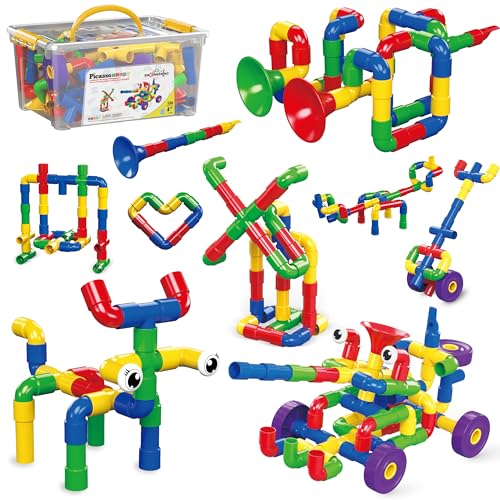 PicassoTiles PTT136 136pcs Tubular Pipes & Spout STEAM Interlocking Educational Building Block Set, Tube Locks, Pipeworks Construction Blocks w/Storage Container Box, Idea Book, Flute Musical Kit - color: 136pcs Tubular Pipes & Spout