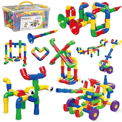 PicassoTiles PTT136 136pcs Tubular Pipes & Spout STEAM Interlocking Educational Building Block Set, Tube Locks, Pipeworks Construction Blocks w/Storage Container Box, Idea Book, Flute Musical Kit - color: 136pcs Tubular Pipes & Spout