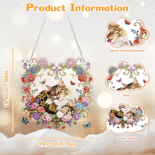 AIRDEA Hanging Diamond Painting Kits Cats,Special Shaped Diamond Art Kits Wreaths Gem Art Pendant Decor,19.4x19.7cm - color: brown red white
