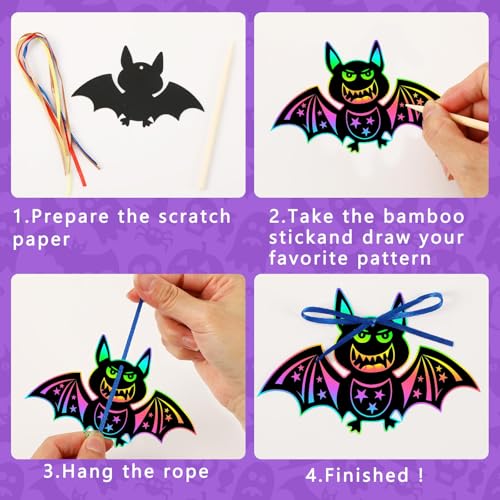 JULMELON 36 Pcs Halloween Scratch Art Bat Crafts Kit for Kids Party Favors - style: Halloween Bat