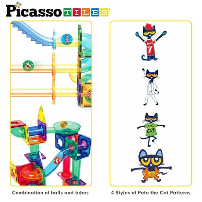 PicassoTiles Magnet Marble Run Tiles Pete The Cat Themed Character Marbles for Magnetic Building Block Construction Tile Maze Structures STEM Learning Pretend Play Fun Toys Girls Boys Ages 3+ PTG02 - style: PTG02