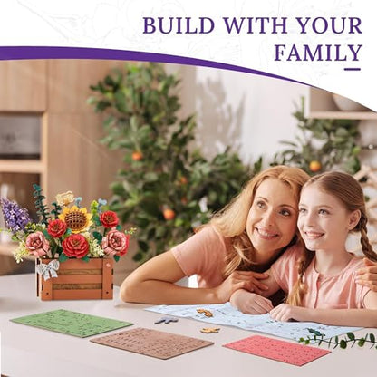 3D Wooden Flower Puzzle for Adults-Wooden Bloom Box, DIY Craft Model Kit Building Set, Botanical Decor Creative Gift for Lovers Nature Enthusiasts (658PCS)