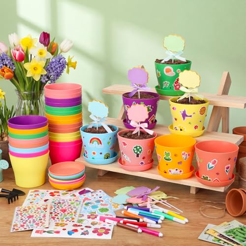 Funnymoom 48 Pcs DIY Flower Pot Craft Kit for Kids Plastic Paintable, Clean