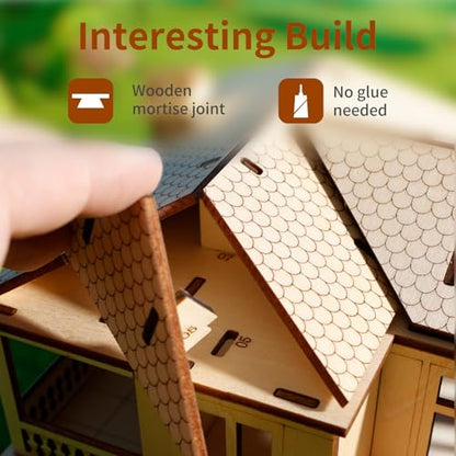 3D Wooden Puzzle for Adults, DIY Miniature Villa House Building Two Layer - color: Villa House Wood Color 04