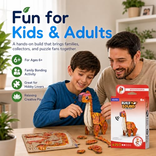 MierEdu Build 'N' Sound 3D Puzzle for Kids, Animal Puzzle with Sound Module, Educational STEM Craft Kit, FSC Paper Model Building Toy Gift for Ages 6+ - color: Brachiosaurus