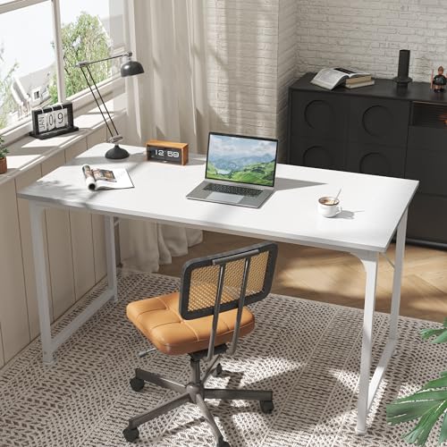 Huuger Computer Desk, 55 Inch Home Office Desk, Gaming Writing Work from Home Study Desk, Large Legroom, Sturdy Metal Frame, Modern Simple, White - color: White, size: 54inch