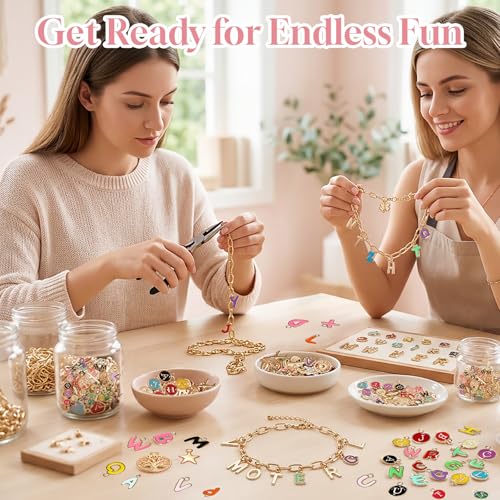 WDXIUE Friendship Bracelet Making Kit, DIY Jewelry Making Kit for Craft Night Beginners, Personalized Charms Birthday Gift with 12 Set Anti-Tarnish Chains & 78 Pcs Letters Charms
