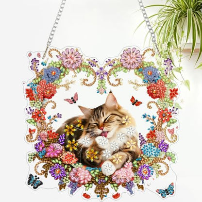 AIRDEA Hanging Diamond Painting Kits Cats,Special Shaped Diamond Art Kits Wreaths Gem Art Pendant Decor,19.4x19.7cm - color: brown red white