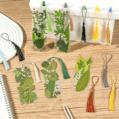 20 Sets Dried Leaves Bookmark Making Kit Transparent Bookmark DIY Projects Craft Gift Bulk PET Sticker with Color Tassels and Tweezer for Classroom Activities Reading Award and Book Lovers (Leaves) - style: Leaves