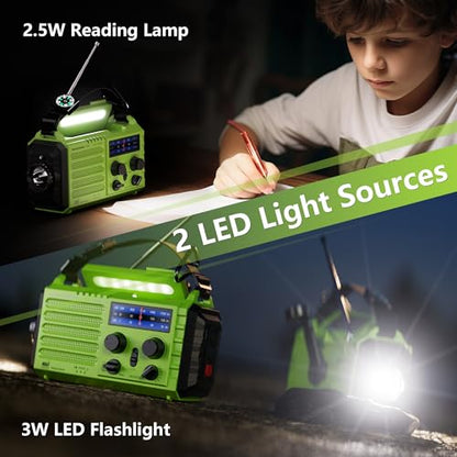 Emergency Weather Radio Battery Powered 5000mAh/18500mWh, Solar Hand Crank - color: Light Green