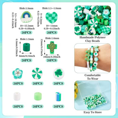 Elecrelive 140Pcs St.Patrick's Day Polymer Clay Beads Green Clay Beads Bracelet Making kit Mixed Heart Round Cross Charms for DIY Bracelet Necklace Bracelet Earring Jewelry - color: Green