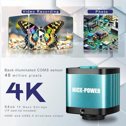 NICE-POWER Digital Microscope with Metal Base, 48MP 1080P HDMI/USB Industrial Magnifier, 150X Ultra-Precise Focusing Lens, LED Ring Light, Microscopes for Observation/Soldering/Electronic Repairs - color: 150X-1080P (HDMI/USB)-Blue