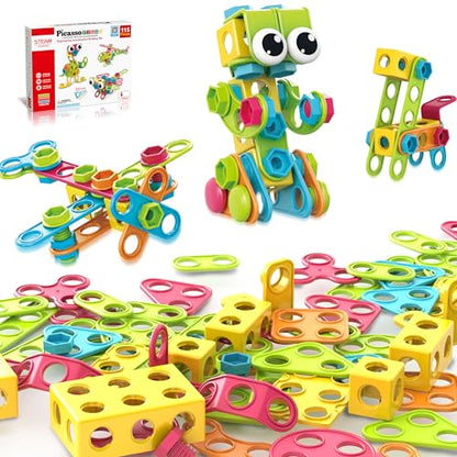 PicassoTiles 115 Piece Building Blocks Set Kids STEM Toy Construction Engineering Sensory Toys Kit Block Children Early Education Playset with FREE IdeaBook, Clickable Ratchet Age 3+ Boys Girls PTN115 - color: 115pcs Transformation