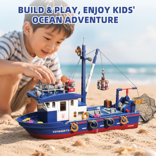 Fishing Boat & Light-Up Lighthouse Building Set, Compatible with LEGO Boat 777 PCS Sea Fishing Building Kit with Gear-Controlled Net, Rescue Dinghy and Coral Reef, Ocean Gift for Kids and Teens