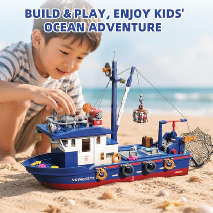 Fishing Boat & Light-Up Lighthouse Building Set, Compatible with LEGO Boat 777 PCS Sea Fishing Building Kit with Gear-Controlled Net, Rescue Dinghy and Coral Reef, Ocean Gift for Kids and Teens