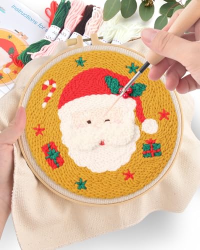 ERKOON Christmas Punch Needle Kit Adults Beginners, DIY Easy Christmas Embroidery Set for Starter Art Craft, Needling Punch Project with Patterns, Tools, Yarns, Hoop, Instruction (Santa Claus) - color: Santa Claus