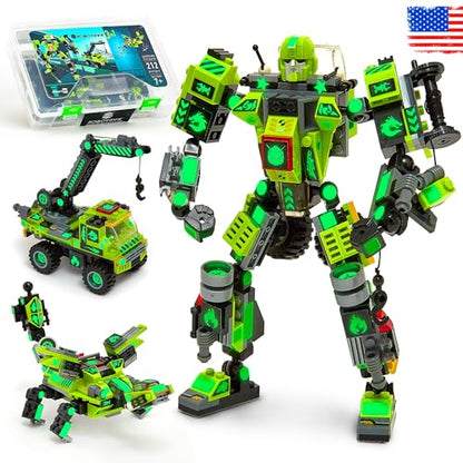 JITTERYGIT Mech Buildable Robot Glow in The Dark STEM Action Figure Toy Set, Cool Space Super Hero Christmas Birthday Gift, Xmas 3 in 1 Present DIY for Boys, Girls, Teen 6 7 8 9 10 Year Olds - style: Verdant Green - Cliffsling