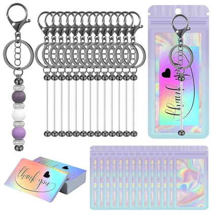 42/84/126 Pcs Beadable Keychain Bars Bulk Blank DIY Beaded Keychain Making Supplies with Bag Thank You Card - color: Black