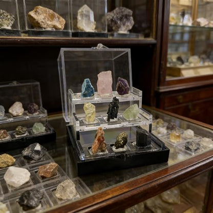 Rare Natural Naturally Mineral Specimen Collection Gift Box-9 Pieces Exquisite Minerals-Square Acrylic Tiered Display Case - Ideal Gifts for Mineral Enthusiasts,Geography Enthusiast-(Small)