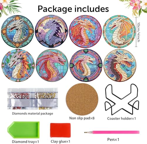 8 Pcs Diamond Art Coasters Kit for Adult with Holder, Diamond Coaster 4x4in - color: Dragon Coasters, size: 8 Pcs 4x4in