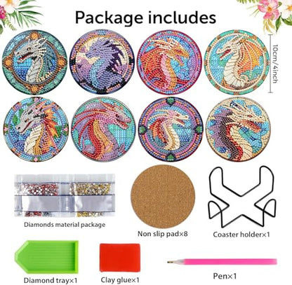 8 Pcs Diamond Art Coasters Kit for Adult with Holder, Diamond Coaster 4x4in - color: Dragon Coasters, size: 8 Pcs 4x4in