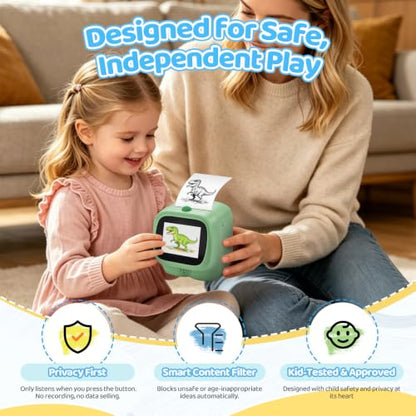 AI Voice Sticker Maker for Kids, Mini Thermal Printer, Green Dino - color: Green