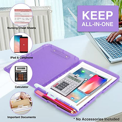 Sooez Glitter Clipboard with Storage, High Capacity Clip Boards 8.5x11 with Pen Holder, Cute Clipboards with Low Profile Clip, Sparkle Plastic Organizer Case Box for Women & Kids, Side Opening - color: Glitter Purple