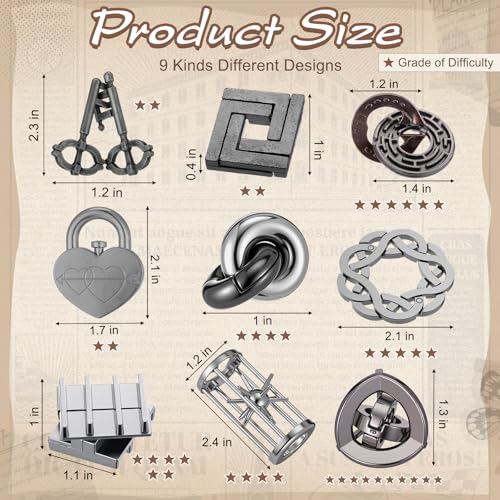 Wettarn 9 Pcs Metal Brain Teasers 3D Steel Puzzle Set, Engaging Style - style: Engaging Style
