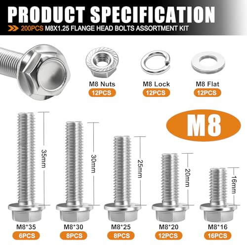 mankk 200PCS Flange Head Bolts Assortment Kit M8x1.25 Bolt (Length 16/20/25/30/35mm) Metric Bolt Stainless Steel Hex Head Bolts and Serrated Flange Nuts Kit Full Thread M8 Bolt - size: 200PCS M8, style: Flange Bolt