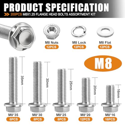 mankk 200PCS Flange Head Bolts Assortment Kit M8x1.25 Bolt (Length 16/20/25/30/35mm) Metric Bolt Stainless Steel Hex Head Bolts and Serrated Flange Nuts Kit Full Thread M8 Bolt - size: 200PCS M8, style: Flange Bolt