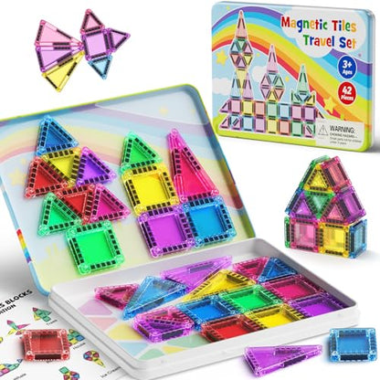 Magnetic Tiles Travel Set Toddlers: 42PCS Mini Building Blocks for Planes - style: Magnetic Tiles Travel Construction Set - 42PCS