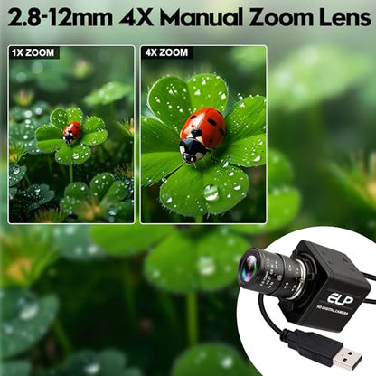 16MP HD USB Camera, 2.8-12mm 4X Optical Manual Zoom CS Mount Lens, High Resolution for Lightburn, OpenCV, Live Streaming & USB Microscope, Plug & Play for Windows, Linux, Jetson Nano