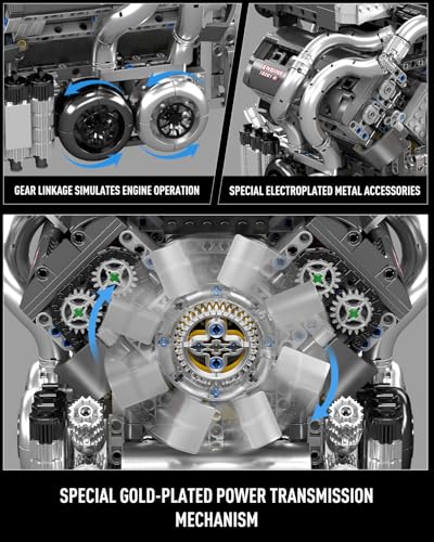 Mould King 10201 W16 Engine Model Kit, MOC Bug Supercar Engine Model with Battery and Motor, Collectable 16-Cylinder Car Engine Transmission, Shiftable Gear Operation for Adults (2024+ PCS) - style: MK-10201 engine