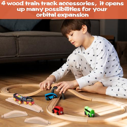4PCS Wooden Train Track Expansion Packs - Rollings Hills Ascending Track Pieces, Bridge, Pier, Railway Accessories Compatible with Most Toy Train Railroads