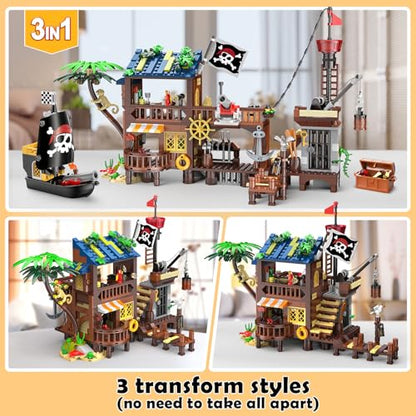 HOGOKIDS 3-in-1 Pirate House STEM Building Set with LED Light for Boy 6-12+