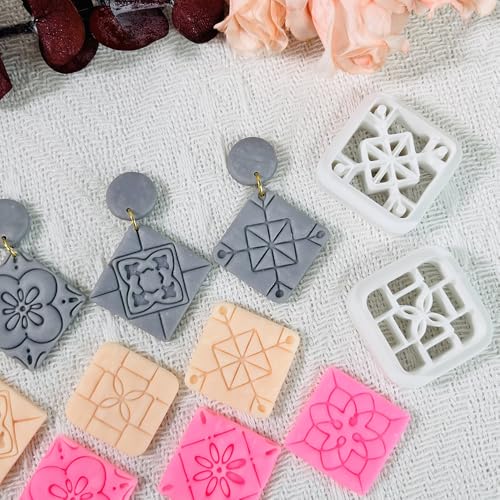 Xaekicr 8PCS Tile Pattern Polymer Clay Cutters Set – Mediterranean Geometric Clay Cutters and Textured Molds, Clay Tools for Polymer Clay Jewelry and Crafts - color: 2E color