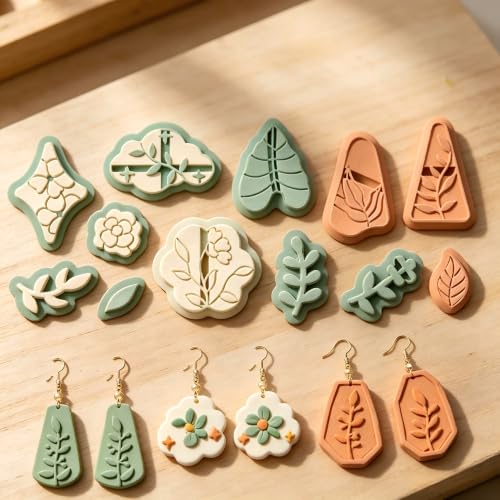 17Pcs Leaves Polymer Clay Cutters Boho Embossing Clay Earrings Cutters Polymer Jewelry Cutter for Earrings Making Party Festival DIY Supplies - color: Plant