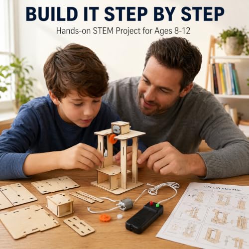 Toyvian Motorized Wooden Elevator STEM Projects for Kids Ages 8-12, DIY Working Lift Model with Controller, Physics Engineering Science Experiment Kit, 3D Wooden Puzzle Building Toy