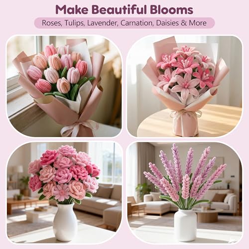 EARLY MINDS 800Pcs Pipe Cleaner Flower Kit with Tutorial, 8 Colors - color: pink