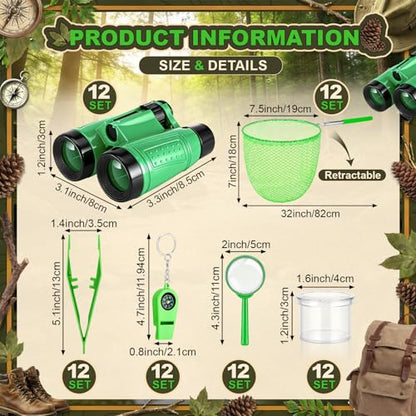 Sabary 12 Set 72 Pcs Explorer Kit Bug Catching Kit for Outdoor with Binoculars, Butterfly Net, Magnifying Glass, Compass Whistle, Tweezers and Observation Box for Outdoor Hiking Wilderness Adventure