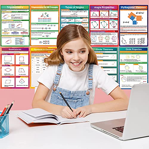 9 Pieces Math Geometry Posters Educational Angles Triangles Trigonometry Circle Math Classroom Decor for Middle School and High School Classroom Decorations or Homeschool Supplies,16 x 11 Inch