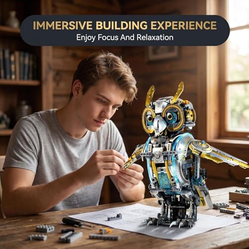 Mechanical Owl Building Set, Mechanical owl Model Collection Toy, Compatible with LEGO for Adults, Rotatable Building Blocks with Light, STEM Construction Toy Gift for Age 12+, 1296 Pieces