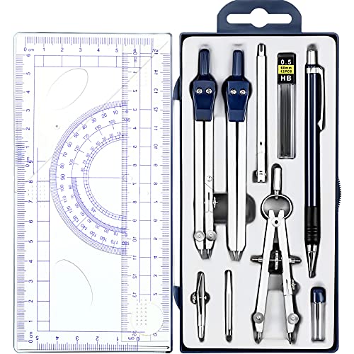 Outus 13 Pcs Geometry Set for Students Metal Compass Math Protractor - color: Blue